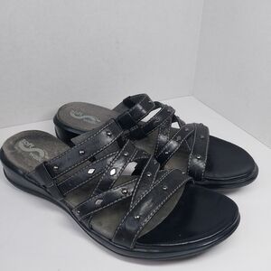 SoftWalk Size 8 N Black Leather Sliver Studded Strappy Slides Sandals Shoes